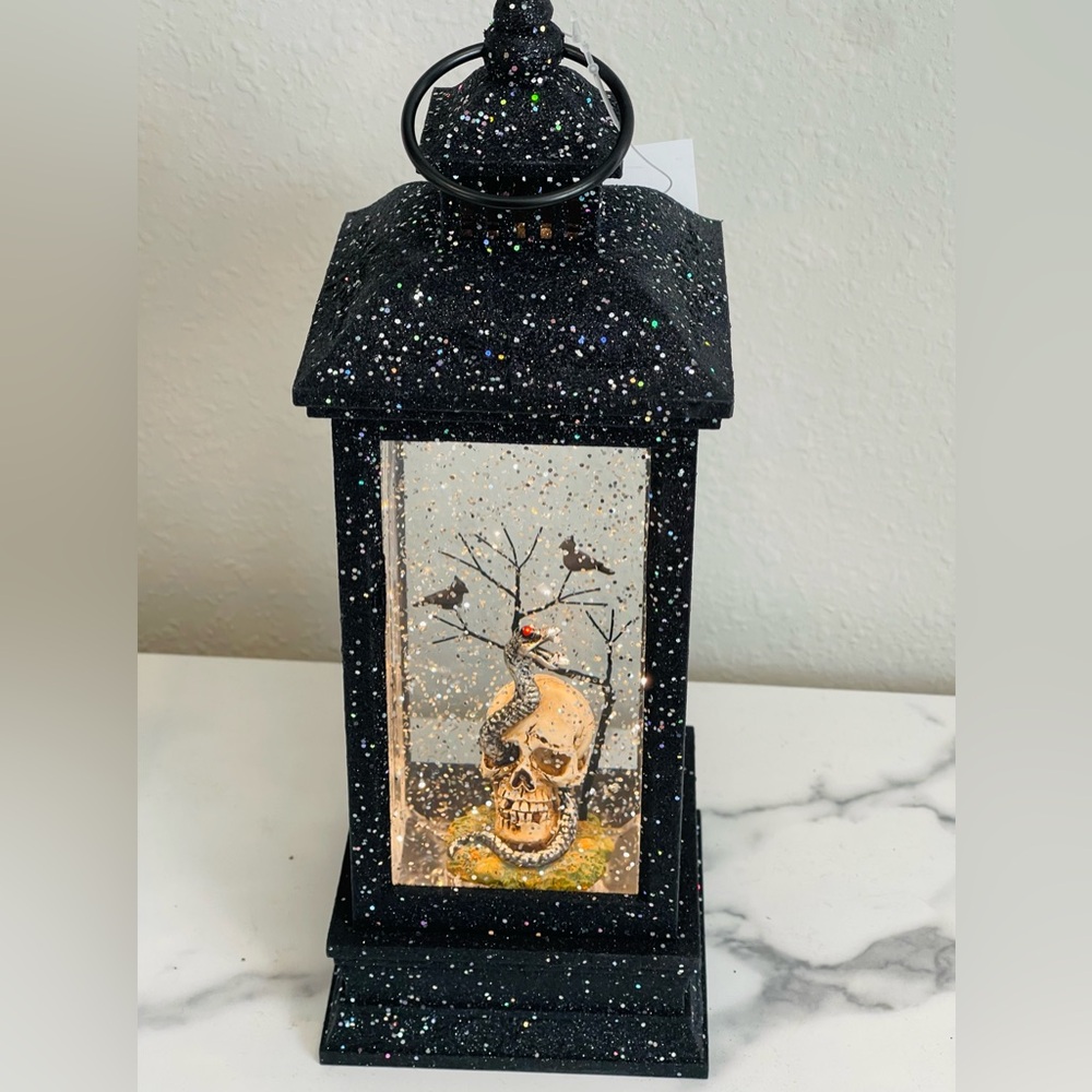 NWT Halloween lantern snow globe, lights up swirls snow, snake in skull, spooky!